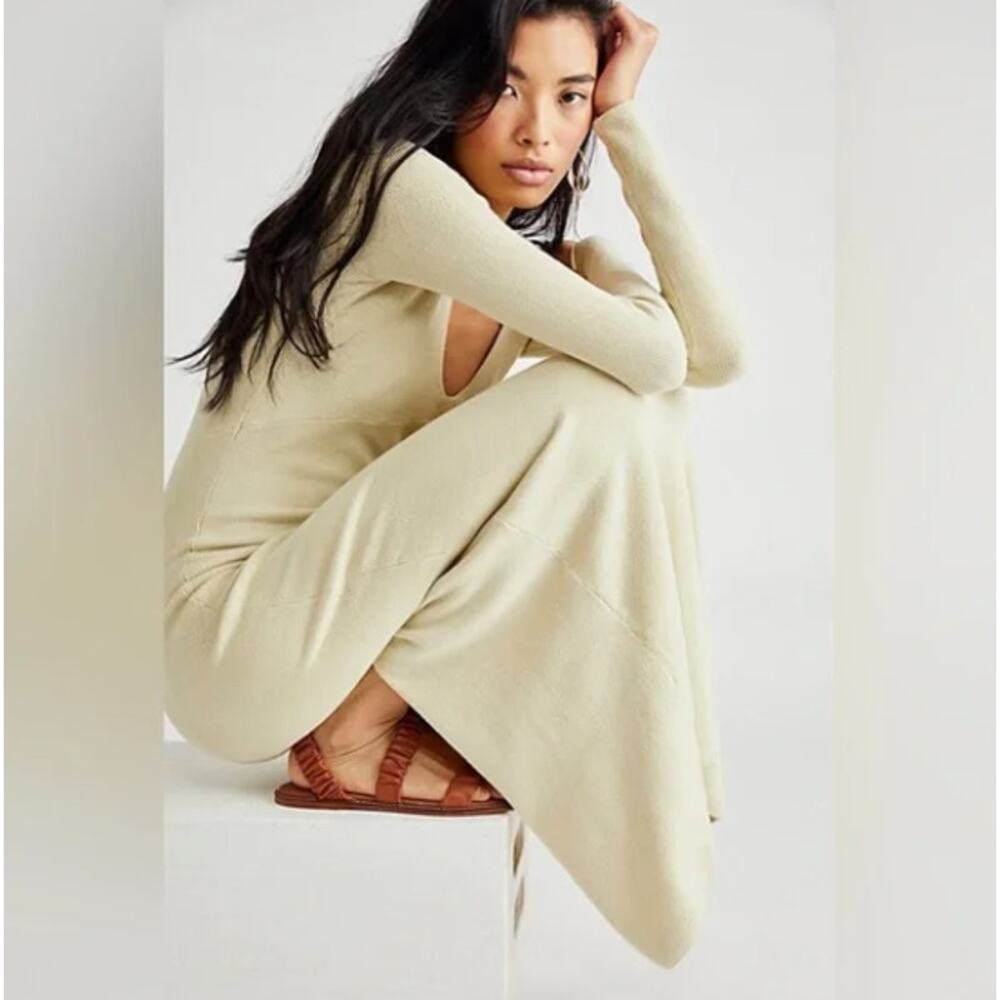 FREE PEOPLE Beach Trixie Sweater Maxi Dress Opal Silk Green Tan Sz L NWT {EE33}